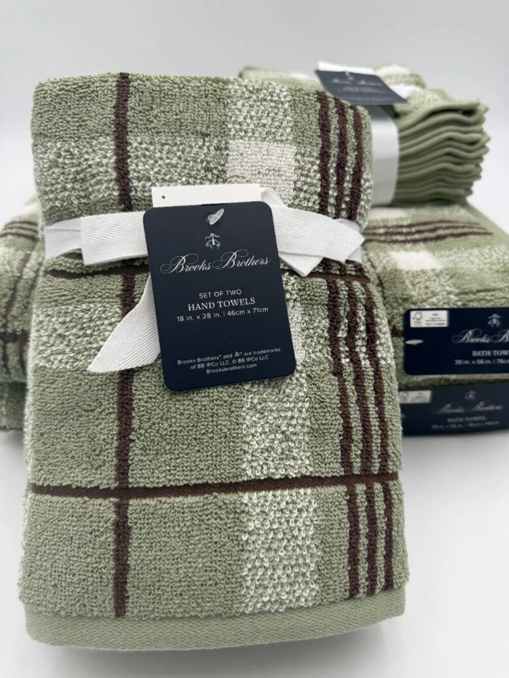 Brooks Brothers 8 Pc Bath Towel Set Sage Green Plaid 100% Cotton NWT